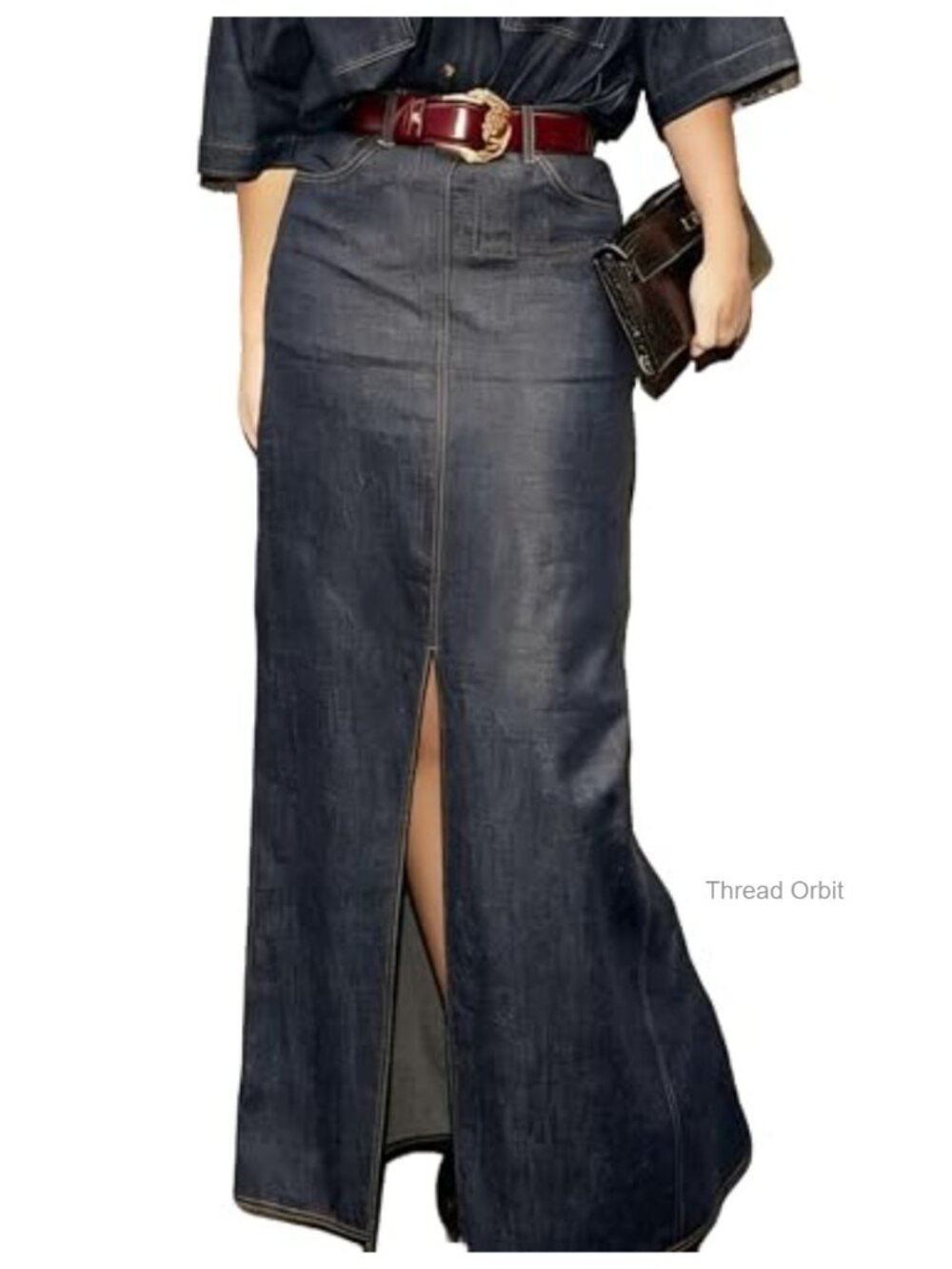 Women's High Waisted Denim Maxi Skirt with Pockets Floor Length H Line